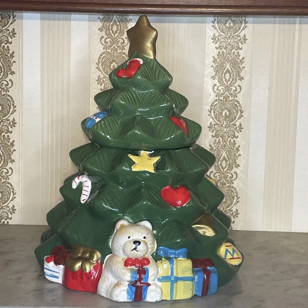 Vintage Ceramic Two Piece Christmas Tree Cookie Jar QVC Teddy Bear Star Horse